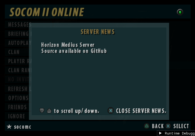 The project's own executable in the SOCOM II ONLINE lobby, on the server running on the same PC. The persona is the driver's test name; the panel in the corner is the runtime's own debugger, open by default in this era.