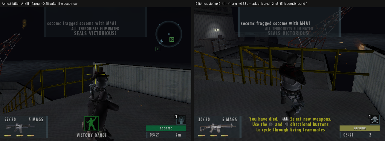 Both screens of ladder launch 2, round 1, a third of a second apart: the killer's on the left, the victim's on the right, the same killfeed line on each.