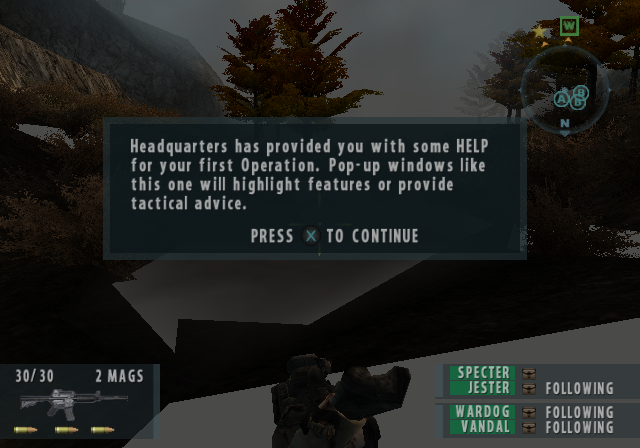 A gate frame from the 12th, two days before anyone looked: the first mission's spawn with the HELP pop-up up, and at the bottom left the clipped terrain, a black wedge where the ground should be. The owner spotted it in frames like this one.