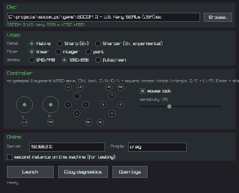 The launcher's first cut: a disc path, three picture settings, a drawn pad, a server and a profile, and a Launch button that stays off until the disc matches.