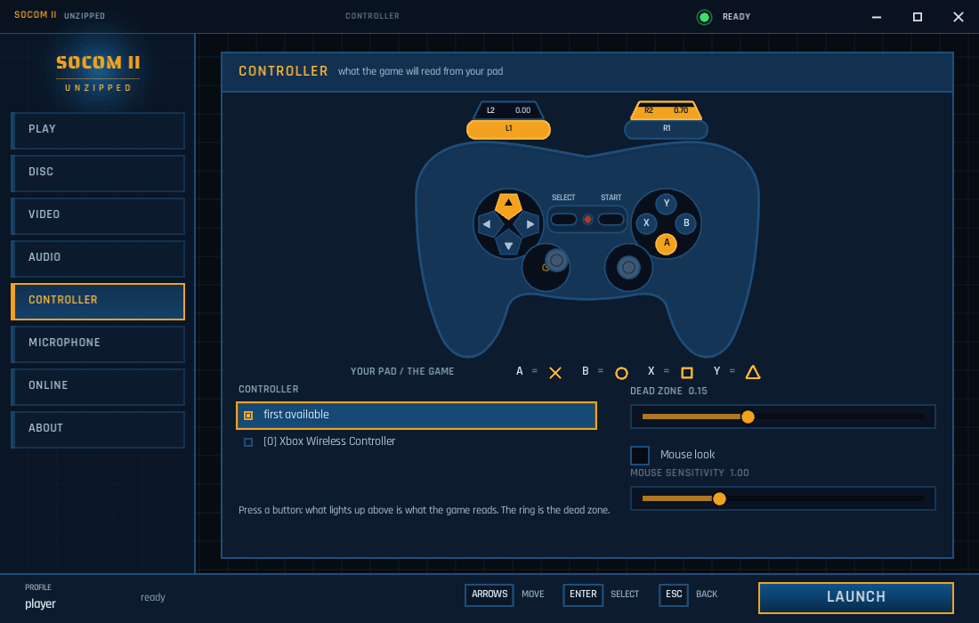 The redesigned launcher's CONTROLLER page, rendered by its own screenshot mode from a fixed fake state: the rail, the drawn pad, and what each button will mean to the game.