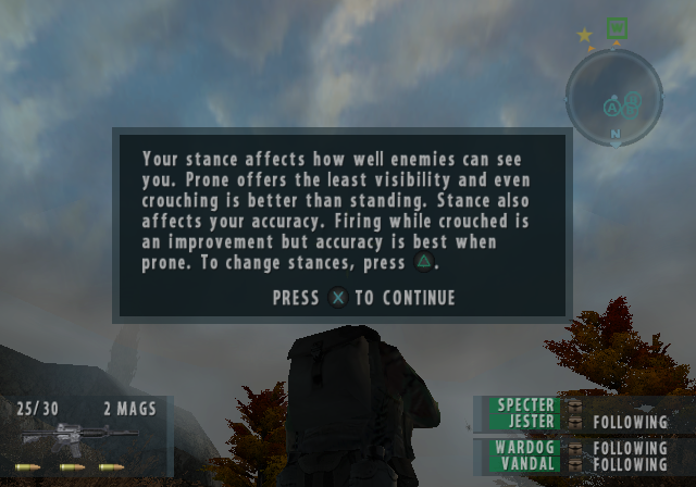 The playtest candidate in the first mission, at the end of the gate's scripted walk, with the game's own stance tutorial up. This is the build the owner played that evening.