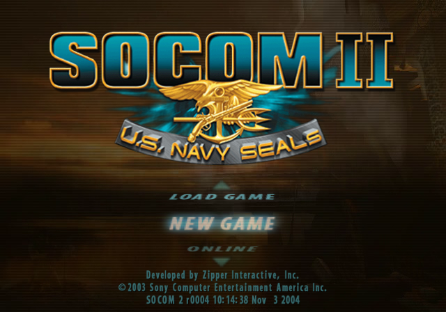 The renamed r0004 build's main menu during its gate run, the morning of the 25th. The bottom line is the game's own build stamp: SOCOM 2 r0004, built 3 November 2004, thirteen months after the disc's edition.
