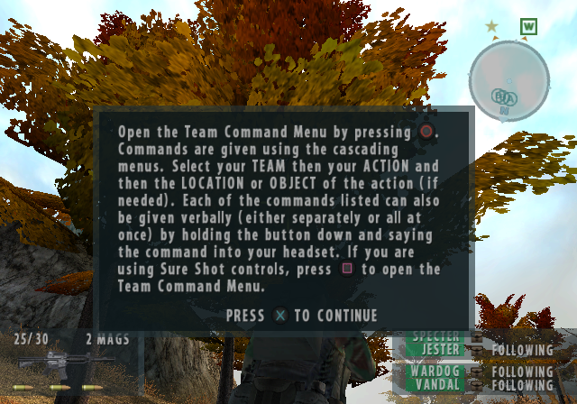 The last frame of the close gate's mission stage, on the executable that went to main as 0.11.0: the first mission's team-command help card over autumn trees. Every close ends on a frame like this one; the gate scores it, and nobody usually looks.